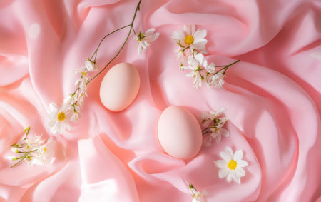 Two colorful eggs rest on a pink cloth adorned with delicate white flowers.,の素材