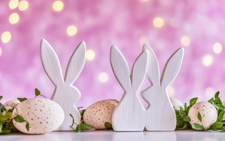 Three wooden rabbits sit beside beautifully decorated eggs for Easter celebration.,の素材
