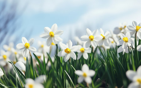 Delicate white flowers with yellow centers bloom vibrantly in lush green grass, symbolizing spring and renewal.,の素材