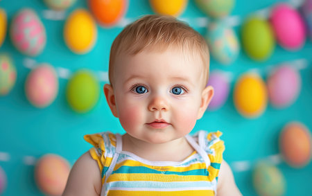 A baby stands joyfully in front of a colorful wall of decorated Easter eggs.,の素材