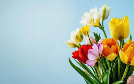 A vibrant vase filled with various colored tulips represents the beauty of spring and Easter celebrations.,の素材