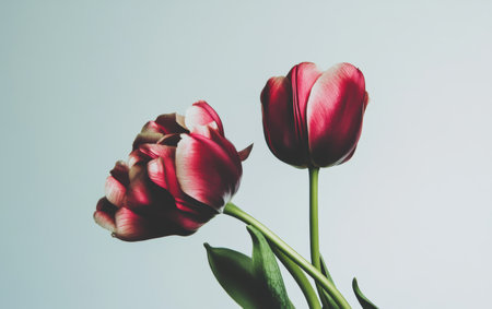 Two vibrant red tulips arranged beautifully in a clear vase, perfect for Easter decor.,の素材