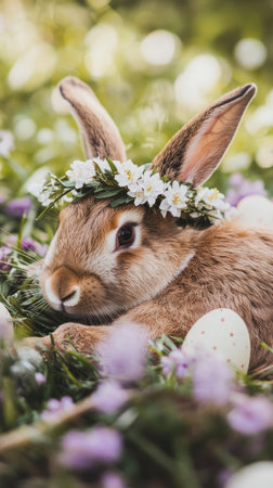 A rabbit adorned with a floral wreath, celebrating the spirit of Easter.,の素材