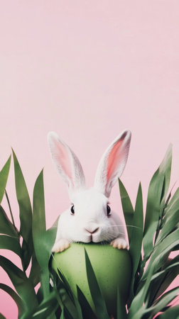 A white rabbit perches atop a lush green plant, embodying the spirit of Easter.,の素材