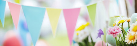 A vibrant vase filled with colorful flowers and festive balloons for Easter celebration.,の素材