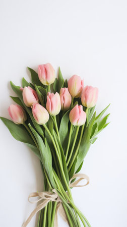Pink tulips arranged neatly on a white surface, celebrating the beauty of spring and Easter.,の素材