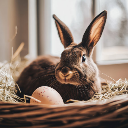 A rabbit rests in a basket next to a colorful egg, symbolizing Easter joy and festivities.,の素材