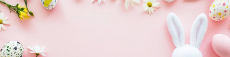 Colorful Easter eggs and bunny ears decorate a soft pink background, celebrating the festive season.,の素材