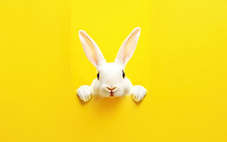 A curious white rabbit peeks out from a hole, symbolizing Easter's arrival and springtime joy.,の素材
