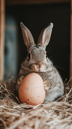 A rabbit sits beside a colorful Easter egg, symbolizing the joy of the holiday.,の素材