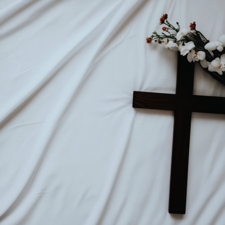 A floral cross rests gently on a bed, symbolizing Easter's themes of renewal and hope.,の素材