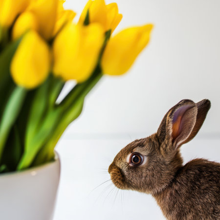 A small rabbit sits beside a colorful vase filled with spring flowers.,の素材