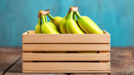Three bananas sit together in a wooden crate placed on a table,.の素材
