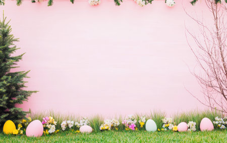 Colorful Easter eggs and blooming flowers scattered in lush green grass.,の素材