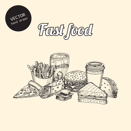 Vector fast food background. Hand drawn sketch art style. Can use in cover, poster, label, banner, menu in restaurant or cafe.のイラスト素材