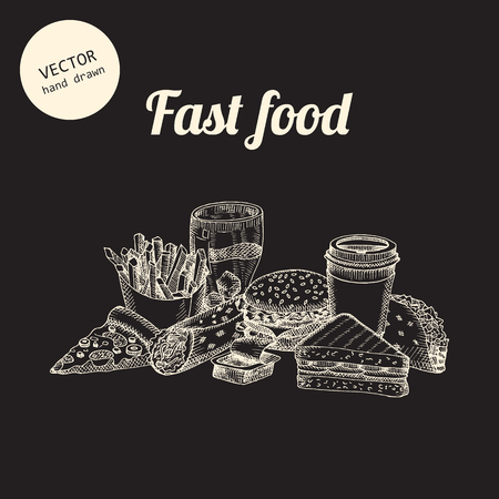 Vector fast food background. Hand drawn sketch art style. Can use in cover, poster, label, banner, menu in restaurant or cafe.のイラスト素材
