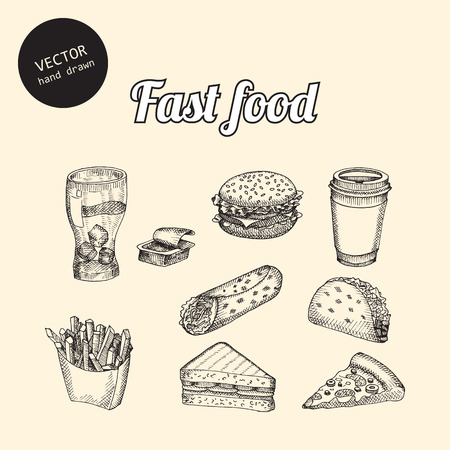 Vector fast food seamless background. Hand drawn sketch art style. Can use in cover, poster, label, banner, menu in restaurant or cafe.のイラスト素材