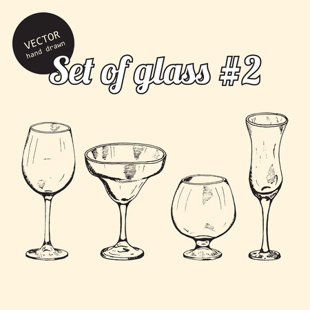 Vector set of glasses for bars, parties. Hand drawn sketch art style.のイラスト素材