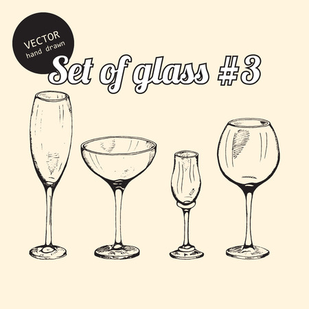 Vector set of glasses for bars, parties. Hand drawn sketch art style.のイラスト素材