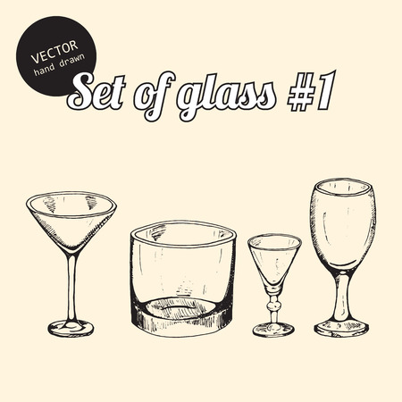 Vector set of glasses for bars, parties. Hand drawn sketch art style.のイラスト素材