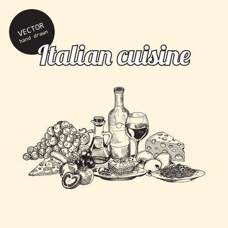 Vector set of italian national food. Background consist of grapes, tomatoes, pizza, glass with wine, bottle, olives oil, lasagna, pasta. mushrooms, olives and cheese. Hand drawn sketch art style.のイラスト素材