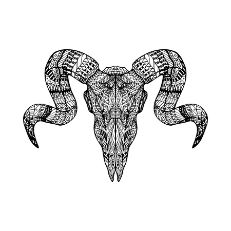 skull head of ram, for adult anti stress Coloring Page with high details isolated on white background, hand drawn illustration.のイラスト素材