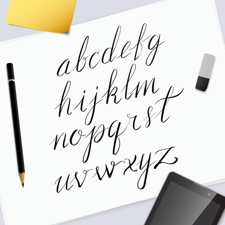 Vector hand drawn alphabet. Custom lowercase characters. Hand lettering and typographic art for designs: poster, invitation, card, banner. Brush Typography. Handwritten style modern cursive fontのイラスト素材