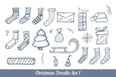 Set of hand drown ellements for Christmas and New Year winter Holidays. Doodle set of vector illustration.のイラスト素材
