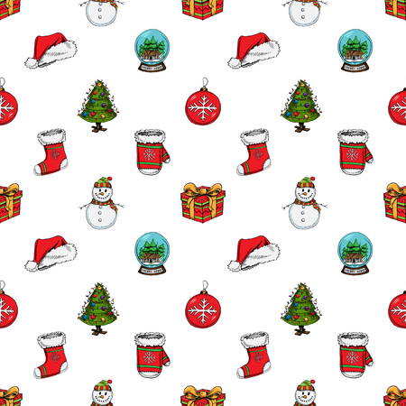 Hand drawn seamless pattern for Christmas and New Year winter Holidays. Outlint sketch set of vector illustration.のイラスト素材