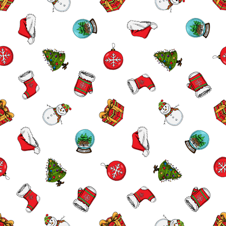 Hand drawn seamless pattern for Christmas and New Year winter Holidays. Outlint sketch set of vector illustration.のイラスト素材