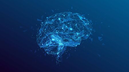 Abstract polygonal human brain. Low poly wire frame mesh vector illustration on blue background. Lines and dots. Polygonal art in the form of a starry sky or space. Vector image in RGB Color mode.のイラスト素材