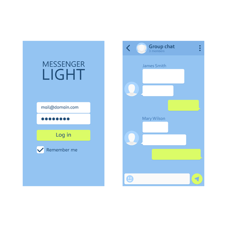 Concept template of mobile application. Online conversation, virtual relationships, social networking. Vector flat style cartoon illustration. Mobile modern UI kit messenger on the smartphone screenのイラスト素材