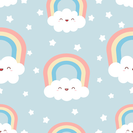 Cute kawaii clouds with rainbow and stars. Seamless Pattern, Cartoon Vector Illustration, Nursery Background for Kid.のイラスト素材