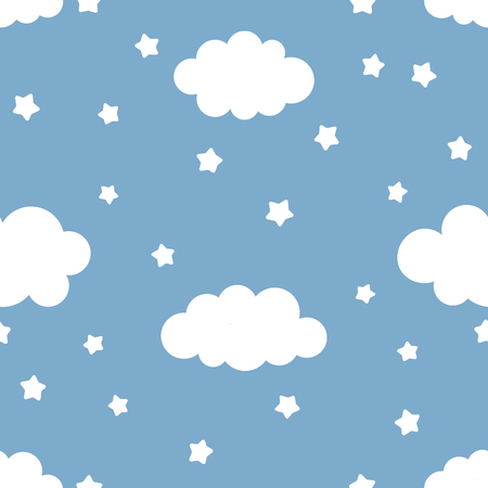 Cute kids illustration of night sky with clouds and stars. Seamless Pattern, Cartoon Vector Illustration, Nursery Background for Kid.のイラスト素材