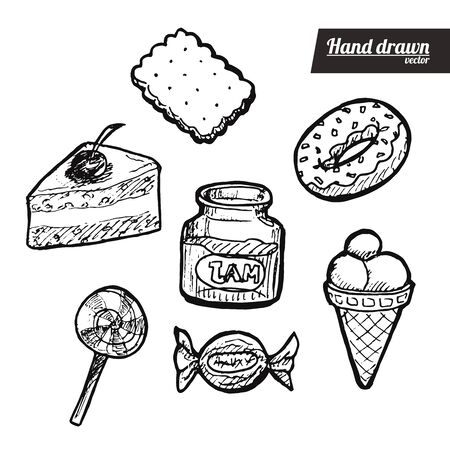 Hand drawn sketch style candy set. Vintage candy food vector illustration. Sliced cake. White background.のイラスト素材
