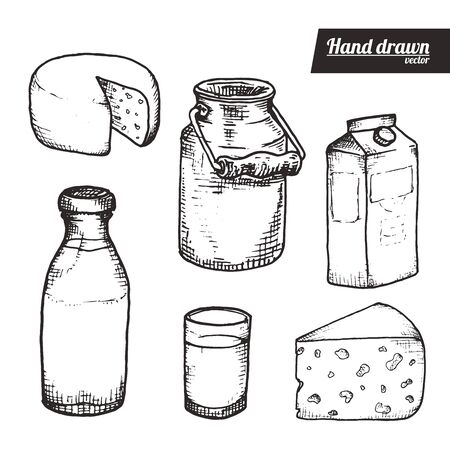Hand drawn sketch style of milks products set. Vintage milks containers and cheese vector illustration. White background.のイラスト素材