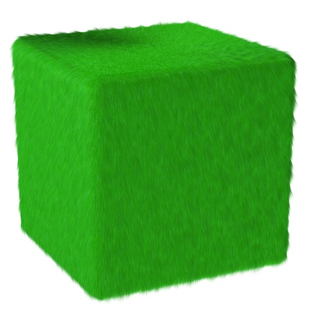  3D green grass fur cube isolatedの写真素材