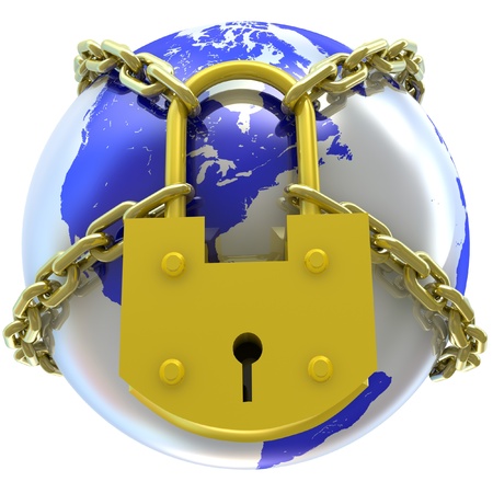 Earth globe close in chain and padlock  3D render の写真素材