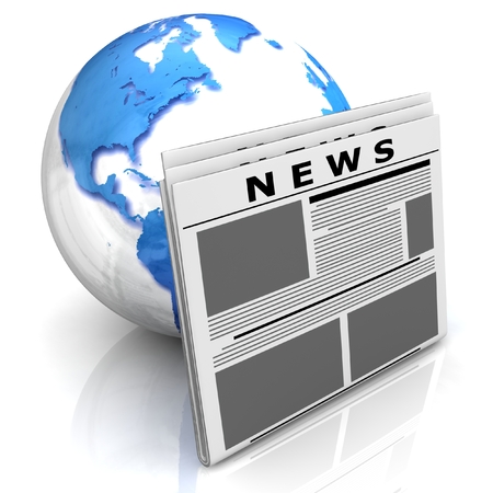 3D globe with newspaper. Isolated on white background.の写真素材