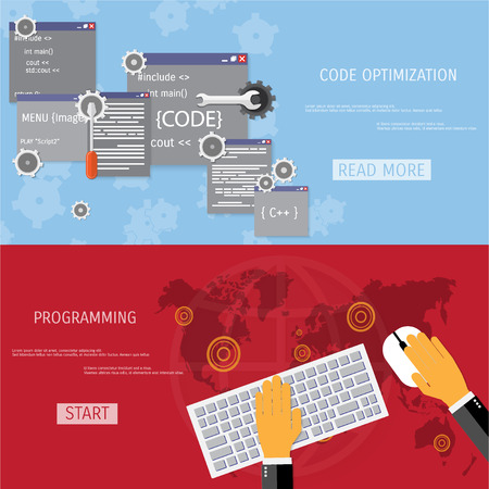 Vector flat concept of programming and coding. Network technology. Search engine optimization. Internet and global communication. Concepts for web banners and promotional materials.のイラスト素材