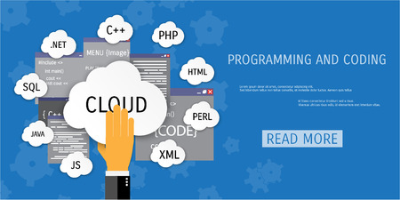 Vector flat concept of programming and coding. Network technology.  Search engine optimization. Internet and global communication. Concepts for web banners and promotional materials.のイラスト素材