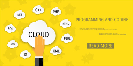 Vector flat concept of programming and coding. Network technology.  Search engine optimization. Internet and global communication. Concepts for web banners and promotional materials.のイラスト素材