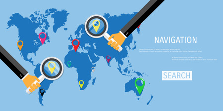 Vector flat concept of World travel and tourism. Navigation. Location search. Concepts for web banners and promotional materials.のイラスト素材