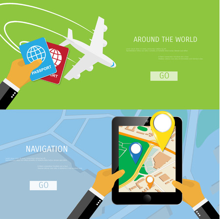 Vector flat concept of World travel and tourism. Navigation. Location search. Concepts for web banners and promotional materials.のイラスト素材