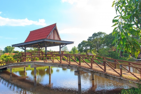  Pavilion on bridge on water in resortの写真素材
