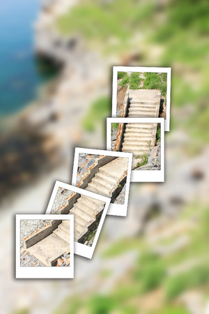 staircase stone on  instant photo and beach for peoplay walk.