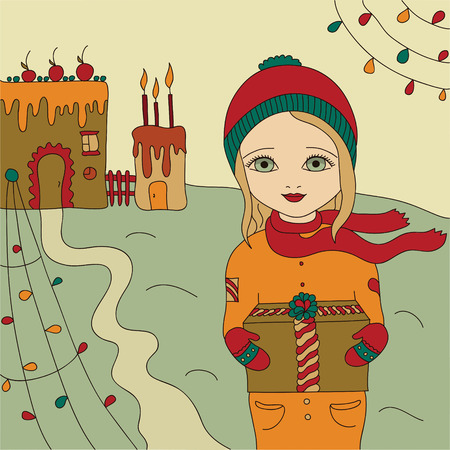 Christmas card  Girl holding a gift in hand on the background of a gingerbread house  The vintage Vector のイラスト素材