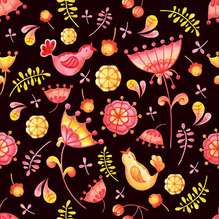 Birds and flowers on a watercolor background. Hand drawn vector illustration. Seamless pattern can be used for wallpaper, pattern fills, web page background, surface texturesのイラスト素材