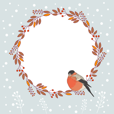Christmas card with Finch and branches of mountain ash, with space for text. Vector illustration.のイラスト素材