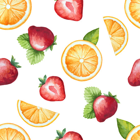 Seamless pattern, watercolor fruit, strawberry and orange. Vector illustration.のイラスト素材